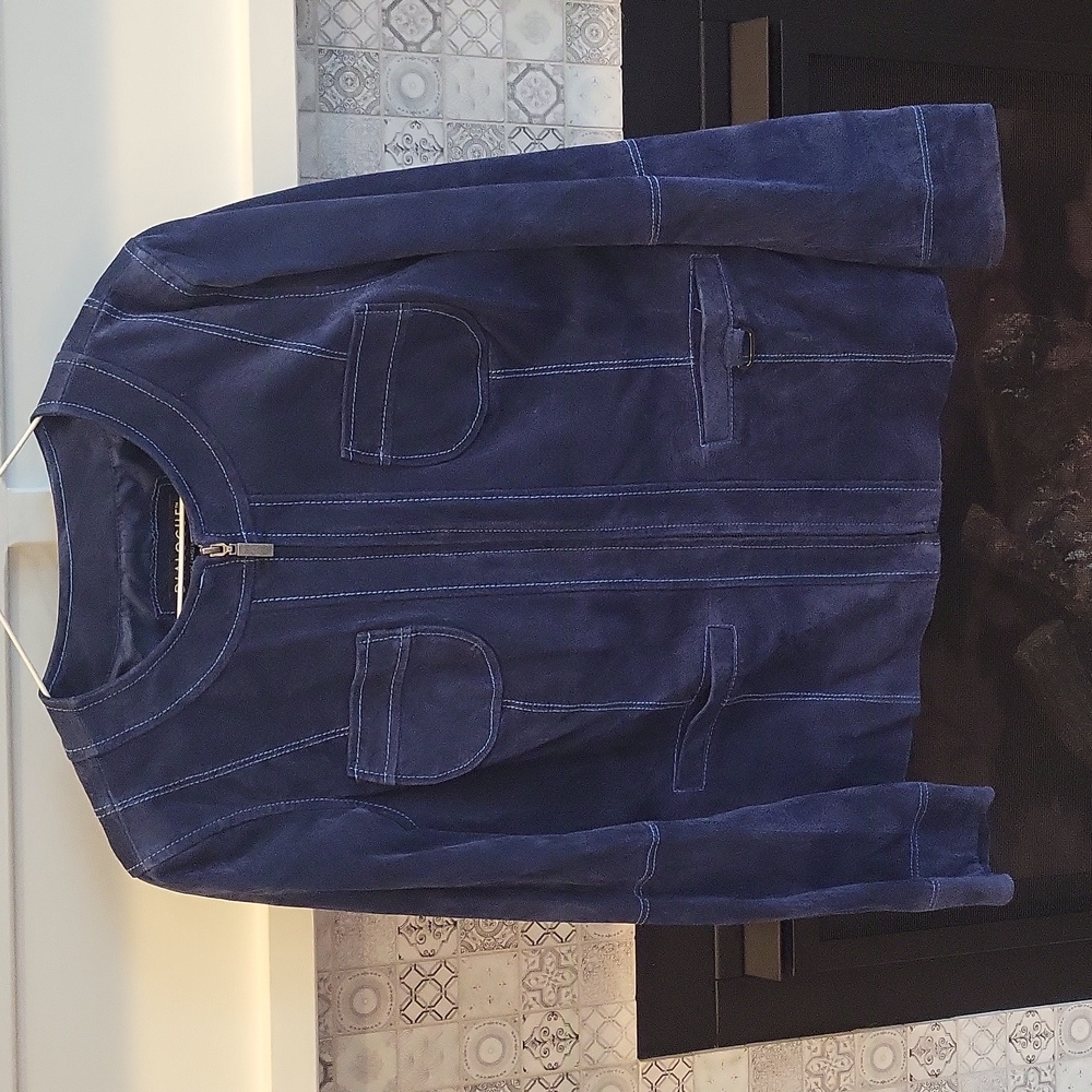 Womens navy blue leather jacket size S by Dialogue
